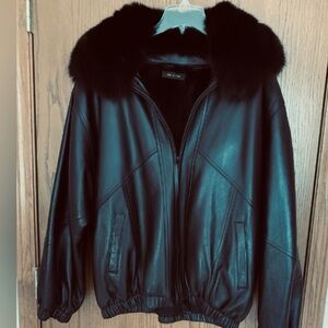 Black Leather Jacket w/Fox Collar